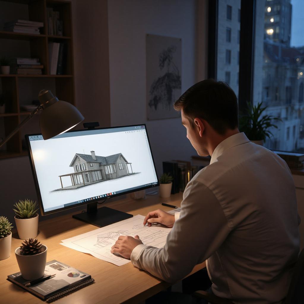 Professionnel en modélisation 3D travaillant sur un projet de maison à l’écran