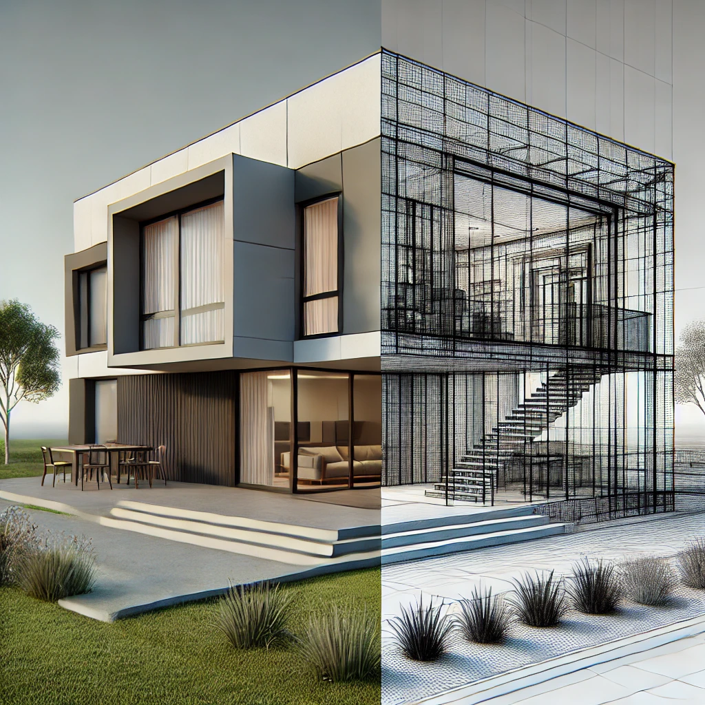 Transition entre maquette filaire et rendu 3D d'une maison contemporaine, illustrant le travail de modélisation 3D
